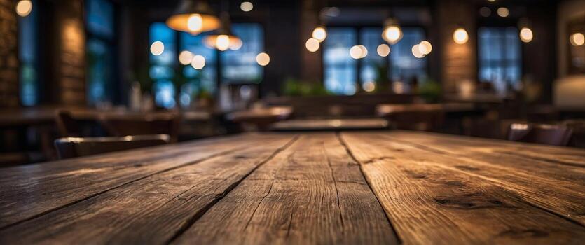 empty rustic wood table and blurred soft light table in restaurant with bokeh background product display template business presentation. photo