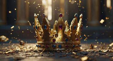 a king or queen crown shattering into many peaces golden falling apart and dissipating into debris bokeh palace background. photo