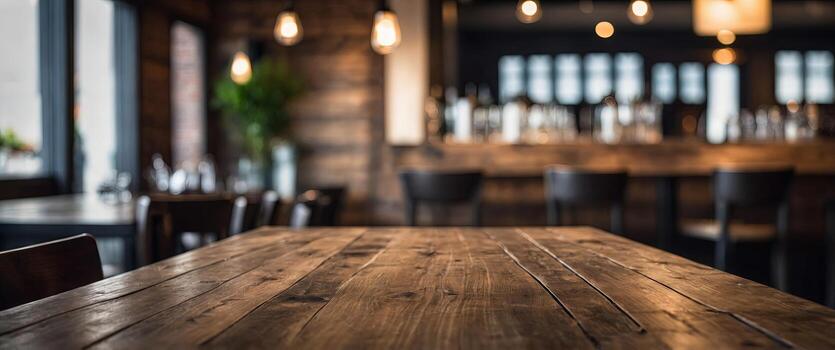 empty rustic wood table and blurred soft light table in restaurant with bokeh background product display template business presentation. photo