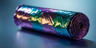 A blue, purple, and green foil wrapper sits on a blue surface. photo