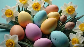 Easter pastel background with colorful easter eggs and daffodils. . photo