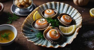 fresh scallop shell seafood meal snack on the table copy space food background rustic top view. photo
