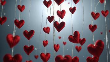 romantic background with red silk hearts. . photo