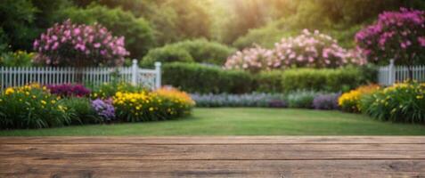 empty wooden table for product display with aster garden background. photo