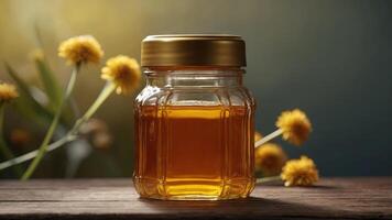 honey glass jar with background for product mockup , product display and presentation. . photo