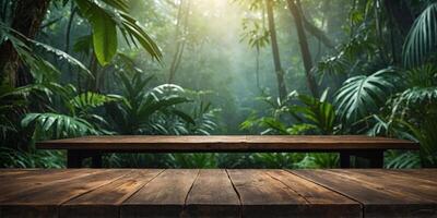 misty jungle background with empty wooden table for product display, bokeh lights, green foliage, copy space. . photo