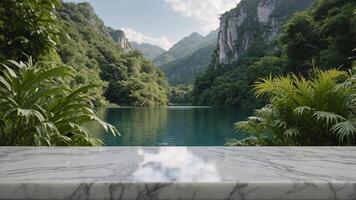 Empty white marble table with nature background for product display. . photo