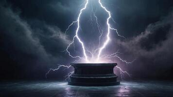 Dramatic round pedestal with lightning and fog background, perfect for showcasing virtual products or abstract themes. photo