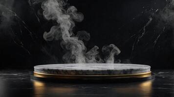 Empty round marble podium with smoke on black platform with black background for product display. photo