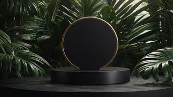 Elegant product presentation scene with black ceramic round podium, soft lighting, and tropical leaves, illustration background. . photo