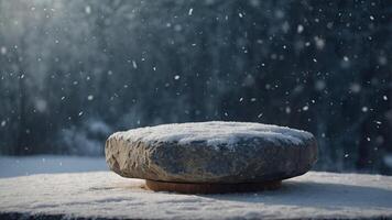 Empty stone pedestal with snowflakes, winter background Modern product display Minimal mockup template. photo