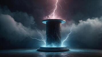 Dramatic round pedestal with lightning and fog background, perfect for showcasing virtual products or abstract themes. photo