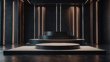 Empty podium with sleek aesthetics, providing a perfect backdrop for product showcases. . photo