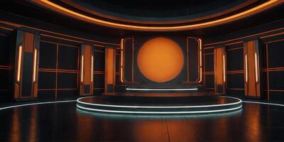 Futuristic orange illuminated empty stage on black background for product showcase display. . photo