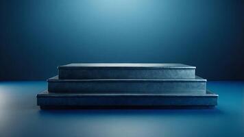 Empty metal podium on blue background for product display, podium, metal, empty, blue, background, display, product. . photo