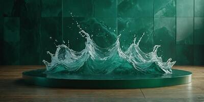 Green water podium with waves for product presentation mockup. . photo