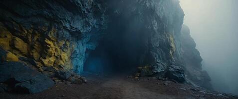 Blue and yellow smokey and foggy cave entrance Large stone cave Misty and foggy rock formation. photo