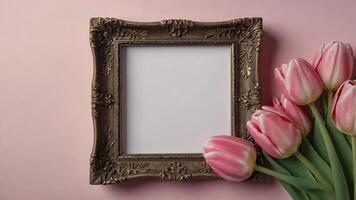 A charming display featuring an empty photo frame adorned with pink tulips, creating a delightful space for adding text or personalized messages.