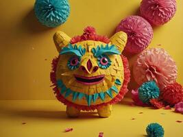 Cinco de Mayo festive poster Bright funny pinata on yellow background, top view. photo