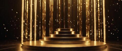 Golden podium illuminated by vertical lights A radiant stage with glowing backdrop for showcase, presentation or award ceremony. photo