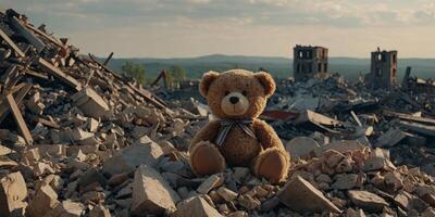 A teddy bear is sitting on a pile of rubble. photo