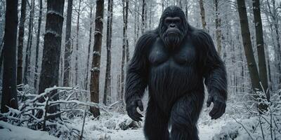 bigfoot walking in the winter forest Cold weather Filtered image processed vintage effect. photo