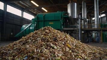 Close-up of biodegradable waste at a biomass facility, focusing on eco-friendly practices in converting waste to energy,. photo