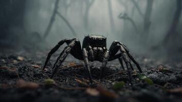 Creepy Black Spider - Arachnophobia Concept - Mist, smoke, fog. photo