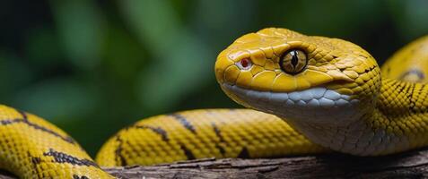 Close-up of a yellow viper coiled on a branch, Indonesia. photo