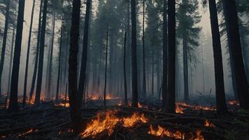 Flaming forest Replanting, Reforestation Deforested landscape Smoke and ashes and fog and fire. photo