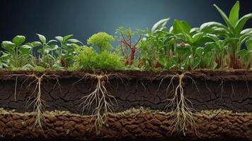 Cross section of earth showing the process of plant growth and their intricate root systems. photo