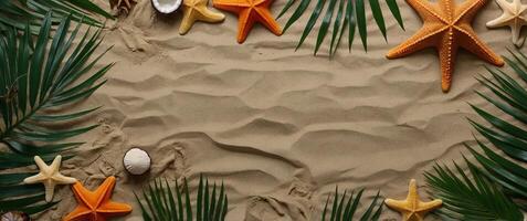 Frame border sand background with tropical leaves and starfish, Top view flat lay design. photo