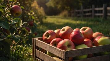 Freshly picked apples in a wooden crate, farm background, vibrant colors, copy space,. photo