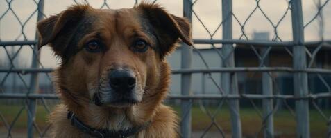 sad dog behind the fence in an animal shelter. photo