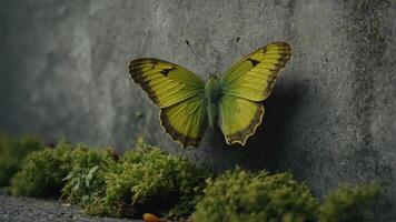 pretty moss green butterfly on a concrete wall freedom and overcoming. photo