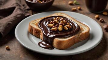 Plate of toast with chocolate hazelnut spread. photo