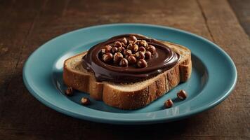 Plate of toast with chocolate hazelnut spread. photo