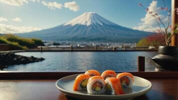 plate of sushi with a view of Mount Fuji in the background. photo