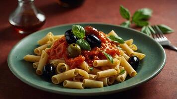 Plate with tasty pasta, olives and tomato sauce on color background. photo
