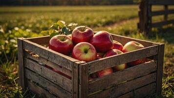 Freshly picked apples in a wooden crate, farm background, vibrant colors, copy space,. photo