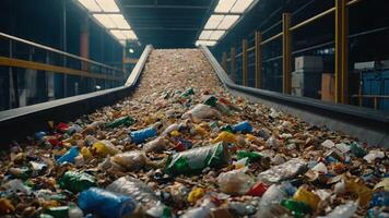 Photo of a conveyor belt overflowing with recyclable waste materials.