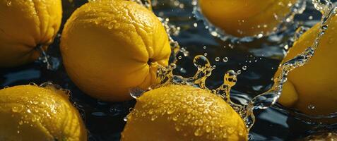Close-up of fresh lemons with water splashes under bright sunlight The image captures the vibrant yellow color and refreshing nature of the lemons, with droplets glistening in the sun. photo