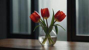 Elegant Red Tulip in a Clear Vase on Minimalist Background. photo