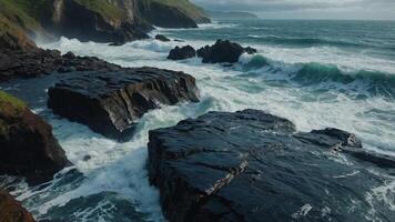 fantasy path near the shore stormy water with waves crashing on the rocks cliff path. photo