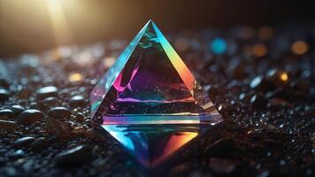 crystal prism pyramid with refracted light spectrum. photo