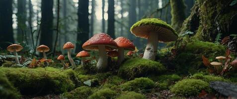 Enchanted Forest Display with Colorful Mushrooms and Moss-Covered Structures. photo