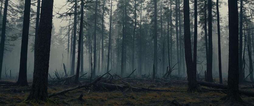 desolate cut down and burning mysterious forest desolate misty forest clearing. photo