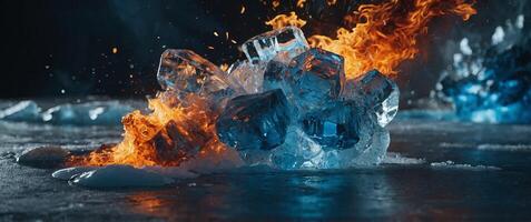Exploding on ice Fire and ice concept Good and evil Hot and cold Exploding fire Exploding ice. photo