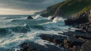 fantasy path near the shore stormy water with waves crashing on the rocks cliff path. photo