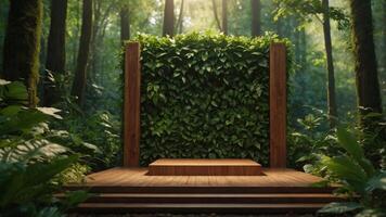 Wooden display podium surrounded by floating green leaves with sunlight filtering through a lush forest backdrop. photo